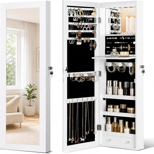 Over the Door Jewelry Organizer, Wall Mounted Jewelry Cabinet, Hanging Mirror with Storage Box, Wall/Door Mounted Full Length Mirror with LED
