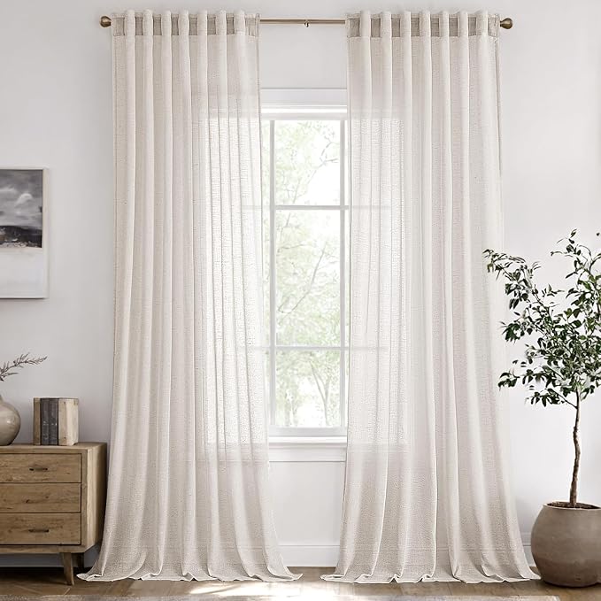 ANRODUO Extra Long Curtains 108 inch Length 2 Panels Set for Living Room Back Tab Light Filtering Semi Sheer Drapes Ivory Cream Elegant Linen Drapes 108 inches Long for Ceiling to Floor Window