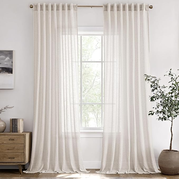ANRODUO Cream Sheer Linen Curtains 100 inch Length 2 Panels Set Light Filtering Modern Living Room Bedroom Curtains Home Office Farmhouse Boho Neutral Ceiling to Floor Drapes Natural Ivory Colored