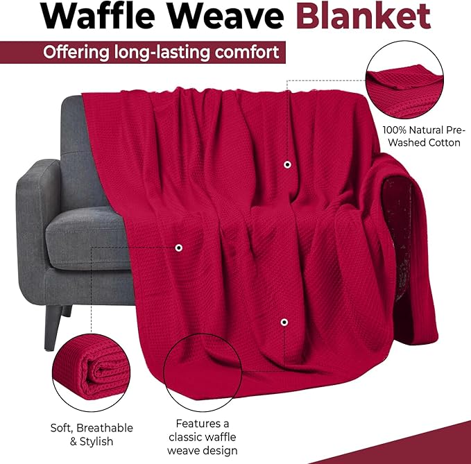 100% Cotton Blankets for Bed - Waffle Weave Blankets for Summer, Lightweight and Breathable Soft Woven Blanket for Spring (Burgandy, Twin (60" x 90"))
