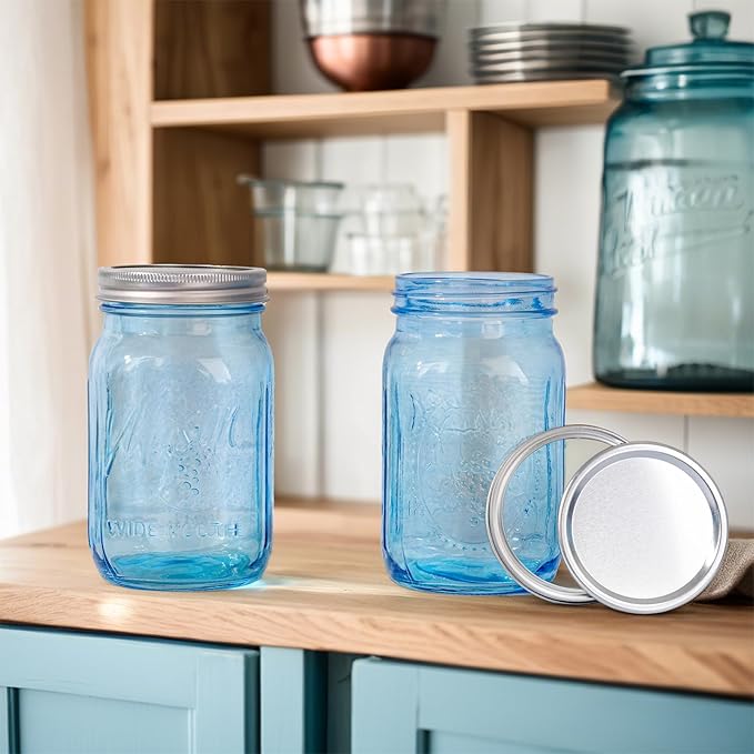 WELLIFE Wide Mouth Mason Jars,6 Pack Blue Mason Jars 32 OZ,Mason Jar for Decor Canning & DIY Crafts,Food Storage,Fermenting,Pickling,Meal Prep