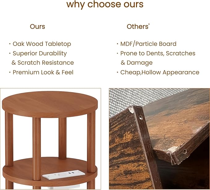 LUCKNOCK Small Round Side Table with Charging Station, 3-Tier Solid Wood End Table, Narrow Compact Sofa Bedside Table for Small Spaces, Easy Assembly for Living Room, Bedroom, Apartment (Walnut)