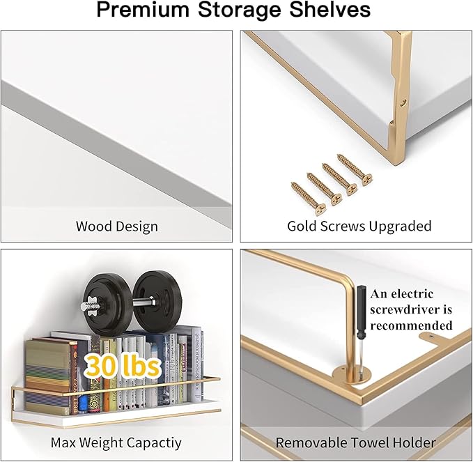 Shario White Floating Shelves - Set of 2, Wall Mounted Hanging Shelves with Golden Towel Rack, Decorative Storage Shelves for Bathroom, Kitchen, Living Room & Bedroom (White Gold, 15.7 Inches) | Hanging Shelves