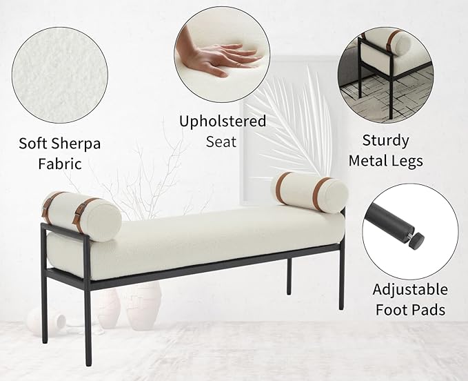 Shunzhi White Sherpa Modern End of Bed Bench Upholstered Entryway Bench with Detachable Cylindrical Pillows/Metal Legs Boucle Ottoman Bench for Living Room/Bedroom/Hallway/Corner, 55Inch