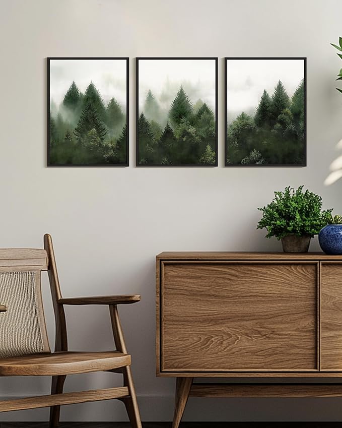 KUVIOKE Morden Green Fog Pine Tree Framed Canvas Wall Art Nature Nordic Forests Artwork Painting Bedroom Decor 12x16in (Black Framed)