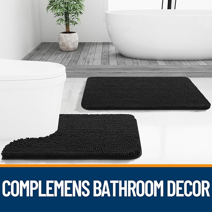 OLANLY Large Bathroom Rugs 70x46, Extra Soft Absorbent Chenille Bath Rugs, Rubber Backing Quick Dry, Machine Washable Bath Mats for Bathroom Floor, Tub and Shower, Home Decor Accessories, Black