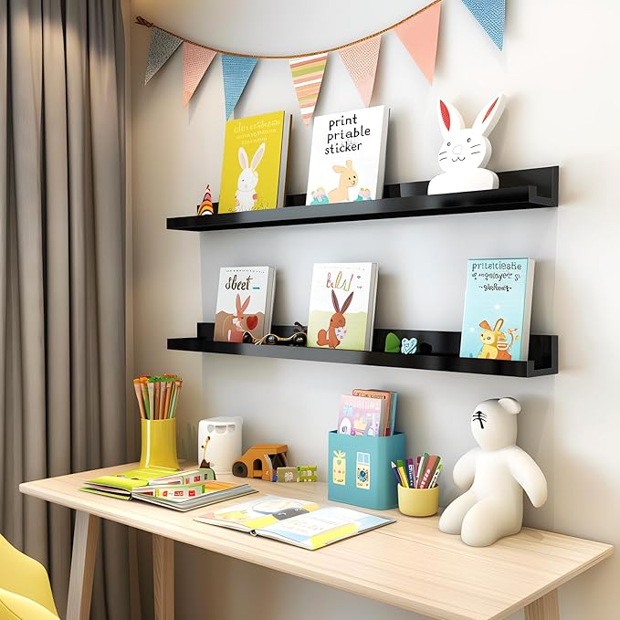 LaVie Home 35.4-Inch Black Floating Shelves for Wall Storage Set of 4 - Modern Minimalist Picture Ledge Shelf Wall Decor for Kitchen, Bedroom, Bathroom, and Living Room, Large Floating Shelves