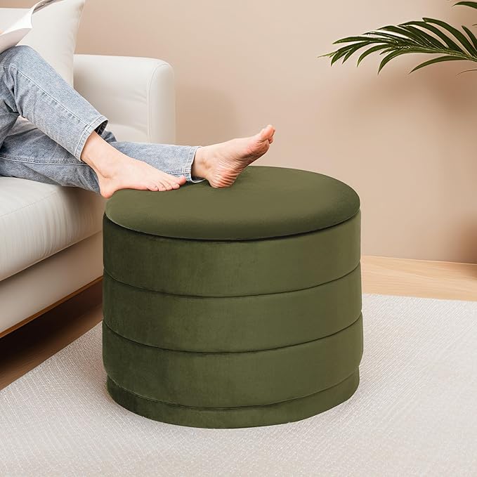 23" Upholstered Round Velvet Ottoman with Storage | Foldable Foot Rest Ottoman with Wooden Tabletop, Decorative Home Furniture for Living Room & Bedroom-Olive