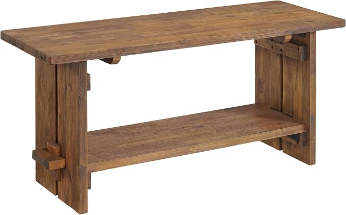 Alaterre Furniture Bethel Entryway Bench with Storage Shelf – Rustic Farmhouse 40-Inch Solid Acacia Wood Seat for Mudroom, Foyer or Hallway (Natural Aged Brown)