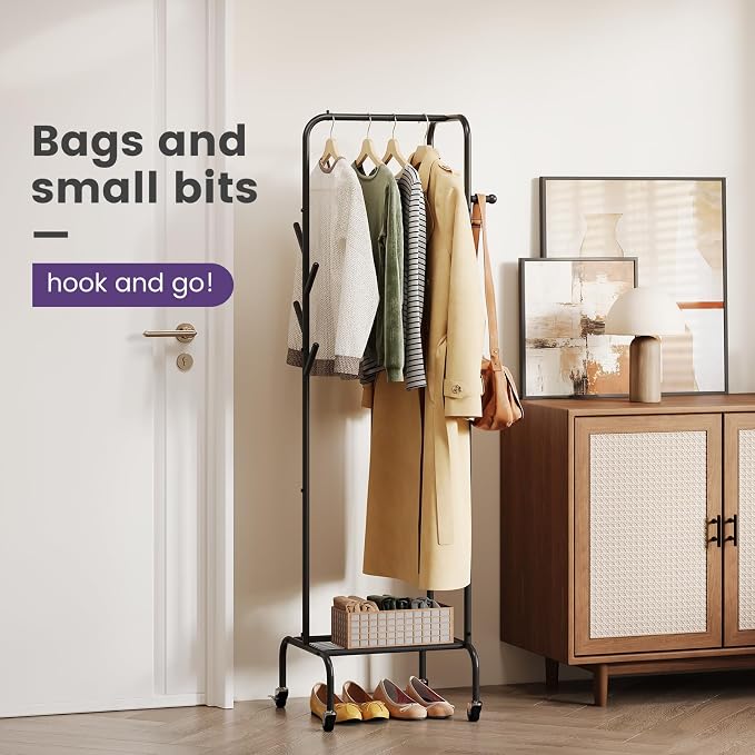 Modern Bamboo Coat Rack, Freestanding with 2 Shelves, 5 Hooks, Rotating Design, Heavy Duty Stand for Entryway, Living Room, 72x24x24 Inches (Black)