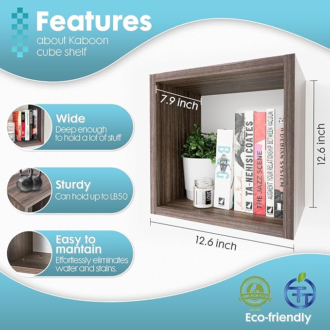 Kaboon Cube Floating Shelves Set2, Display Shelves Wall Mount 7.75" D x 12.5" W x 12.5" H, (Eucalyptus, Square 2 Cubes)