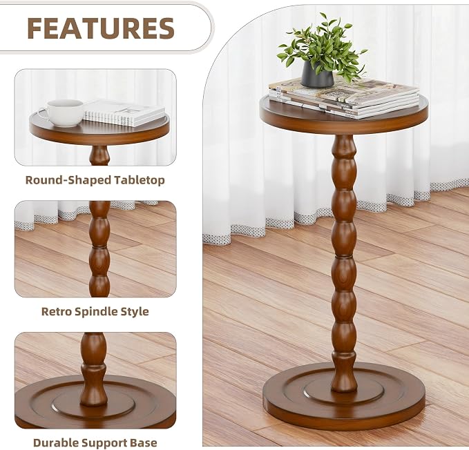 Simple Trending Small Side Table, Round Drink Table for Small Spaces, Pedestal Coffee Table for Living Room, Rustic Brown