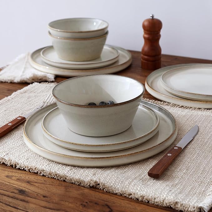Famiware Plates and Bowls Sets, Annecy Stoneware Dinnerware Sets for 8, 24 Pieces Dish Set, Plate with Lip Edge, Reactive Glaze Tableware - Microwave & Dishwasher Safe, Grey-White