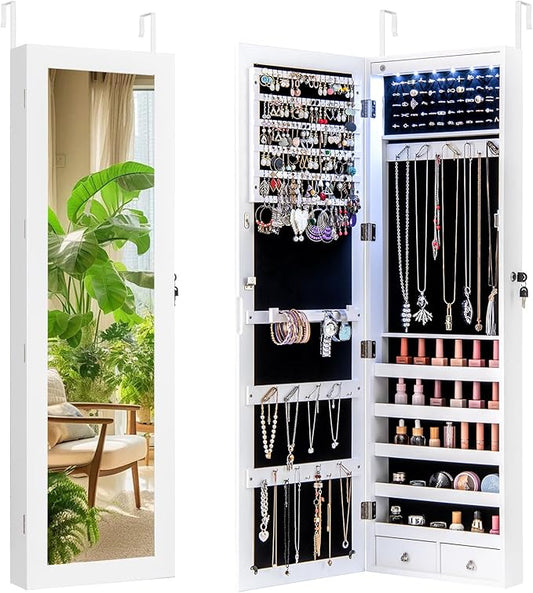 CHARMAID Wall Mounted Jewelry Armoire with 47" Full Length Mirror, Lockable Jewelry Cabinet with 6 LED Lights, Over the Door Hanging Storage Organizer with Drawers, Hooks & Shelves, White