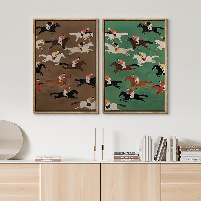 SIGNWIN Framed Canvas Print Wall Art Set Vintage Horse Racing Jockeys Illustrations Modern Art Rustic Colorful Ultra for Living Room, Bedroom, Office - 16"x24"x2 Natural