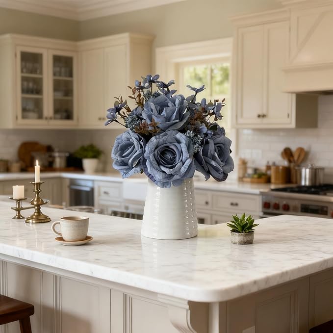 Artificial Blue Rose Arrangement in White Ceramic Vase, Faux Floral Bouquet with Decorative Pattern, Elegant Home Decor Centerpiece