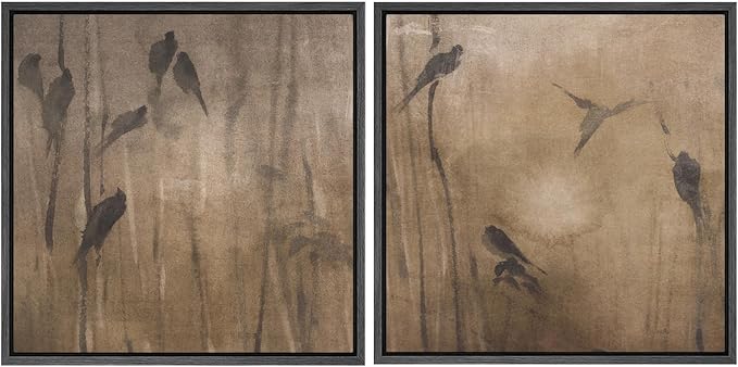 SIGNFORD Framed Canvas Print Wall Art Set Minimalist Bird Silhouette Neutral Brown Abstract Nature Modern Art Relax/Calm for Living Room, Bedroom, Office - 16"x16"x2 BLACK