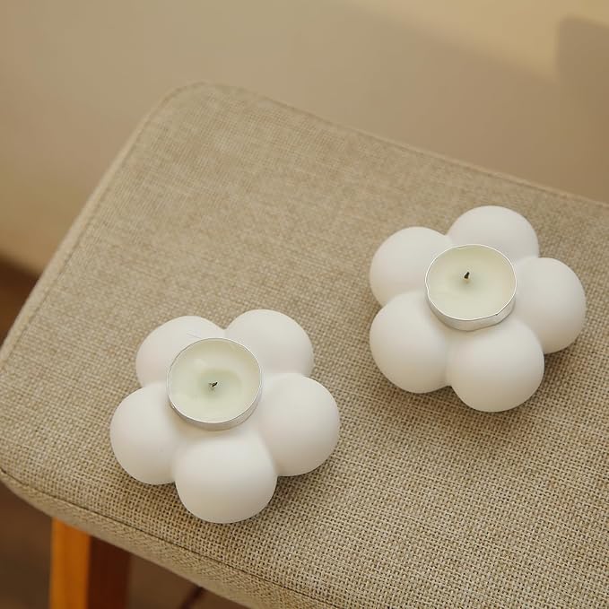 Cute Candle Holders, Ceramic Candlestick Holders for Table Centerpiece Flower Shape Home Decor Wedding Parties Living Room Set of 2 (White 2)