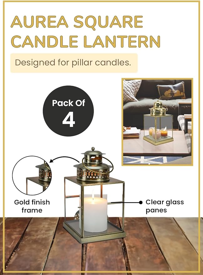 Serene Spaces Living 12" Aurea Candle Lantern, Gold Square Metal Candle Holder - Table, Mantel Decor, Elegant Decorative Centerpiece for Home, Parties, Weddings, Holidays, Special Occasions, Pack of 4