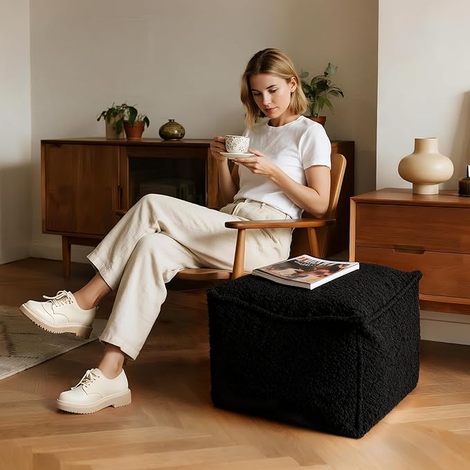 Square Boucle Pouf Ottoman Footrest, Soft & Lightweight Footstool with Foam Filling for Living Room & Bedroom, Laid-Back Lounge Style