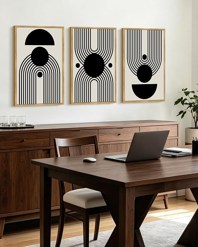 KUVIOKE Black Abstract Framed Wall Art Minimalist Geometry Lines Painting Artwork for Living Room Bedroom 16x24in (Natural Framed)