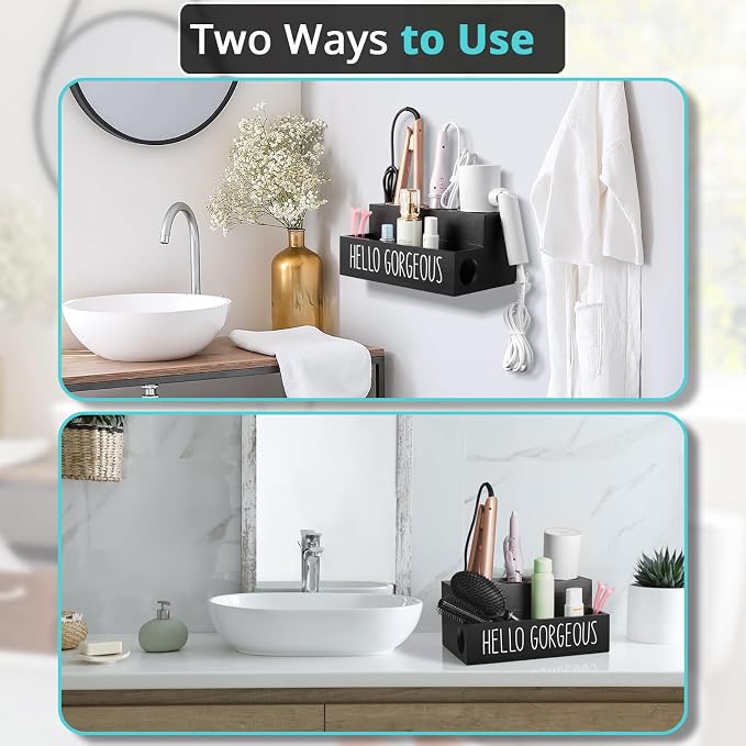 Bivvclaz Hair Tool Organizer, Wooden Hair Dryer Holder Countertop, Wall Mount Hot Tools Organizer for Hair Styling Accessories, Bathroom Supplies Vanity Caddy for Curling Wand, Blow Dryer, Black