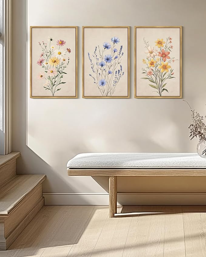 PHOPAGO Vintage Wildflower Bouquet Framed Wall Art Large 16x24in Botanical Flower Wall Decor Modern Colorful Floral Living Room Bedroom Hanging Decor - Natural Framed