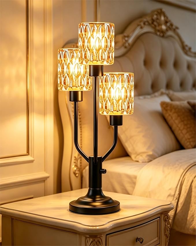 Lightdot Modern Glass Table Lamp Dimmable Mid Century Black Desk Lamp with Thickened Amber Glass 3 Bulbs Included 3000K Warmwhite Nightstand Lamp for Bedroom Bedside End Table
