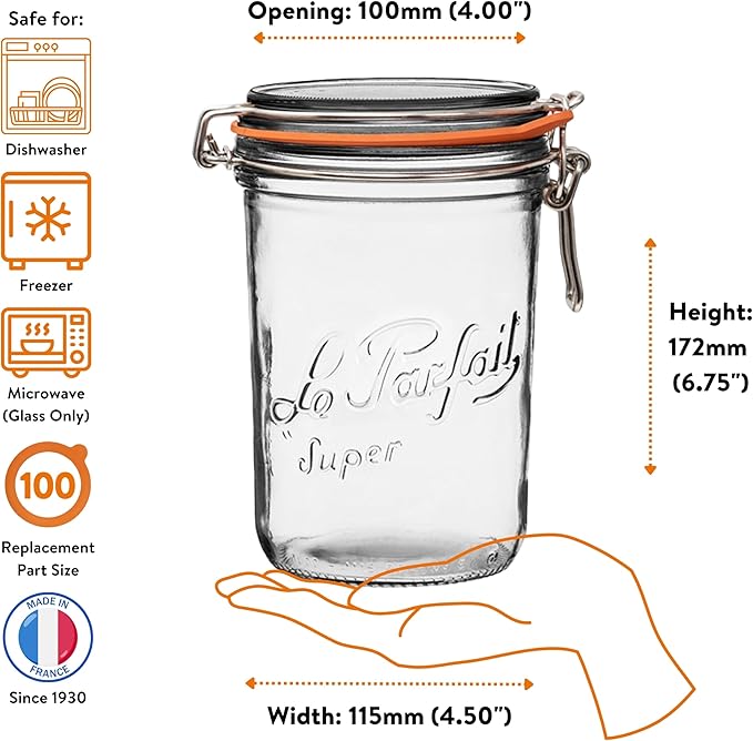 Le Parfait Super Terrine 1L (32oz) Zero Waste Eco-Friendly Glass Canning Jar, Airtight Rubber Seal & Wire Bail Lid, BPA-Free, Water Bath Safe for Food Storage & Preserving, Made in France