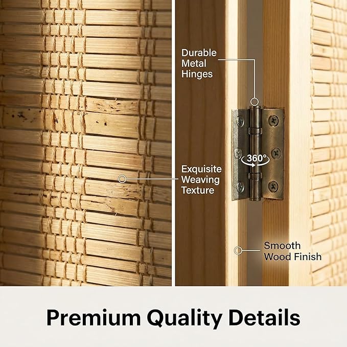 Bluecat 4 Panel Bamboo Room Divider with Shelves, Lightweight Privacy Screen for Bedroom Home Office, No Assembly Required, Natural Bamboo