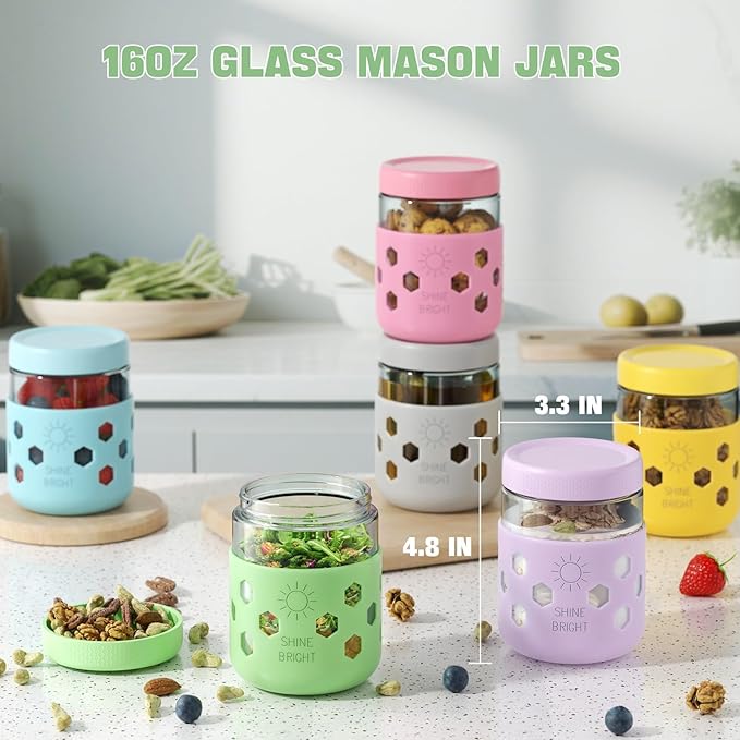 Lazyshine 6 Pack Glass Overnight Oats Containers with Lids, 16 oz Mason Jars with Silicone Sleeves, Airtight Leak-Proof Meal Prep Jars for Chia Pudding, Oatmeal, Yogurt, Snacks, Smoothies, Salads