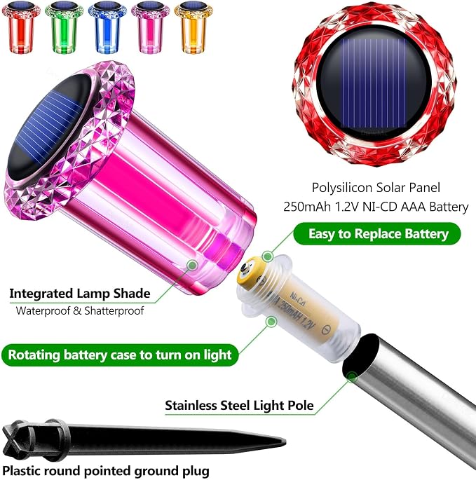 DenicMic Solar Lights Outdoor 10 Pack Waterproof Color LED Stainless Steel Stake Outside Lights for Yard Pathway Garden Landscape Path Lighting Christmas Decorations