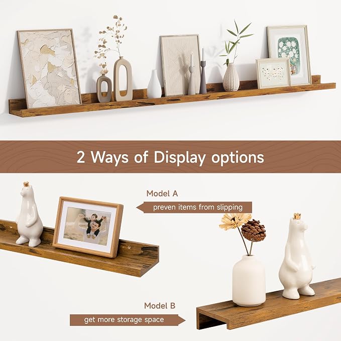 Fun Memories Picture Ledge Shelf, 48 Inch Floating Shelves Set of 2, Large Nursery Book Shelves for Storage, Bookshelf Wall Mounted for Wall Decor Books Photo Frames, Rustic Brown
