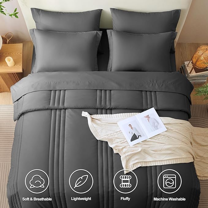 CozyLux Oversized King Comforter Set - 7 Pieces Bed in a Bag Dark Grey Comforter Set with Sheets All Seasons Bed Set, Soft Bedding Set with Down Alternative Comforter, Sheets, Pillowcases & Shams