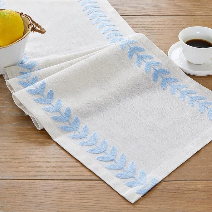 Wracra Embroidered Table Runner Irregular Willow Leaf Table Runners 48 Inches Long for Dresser Home Dining Table Decor,14 x 48 Inch, Blue
