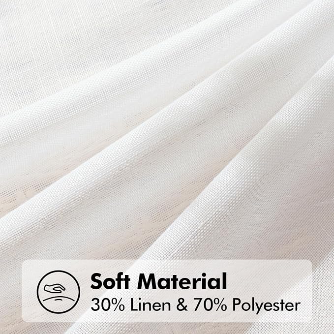 ANRODUO Pure White Faux Linen Curtains 86 Inch Length 2 Panels Back Tab Rod Pocket Semi Sheer Light Filtering Drapes for Living Room Bedroom Modern Farmhouse Rustic Neutral Style Window Treatments