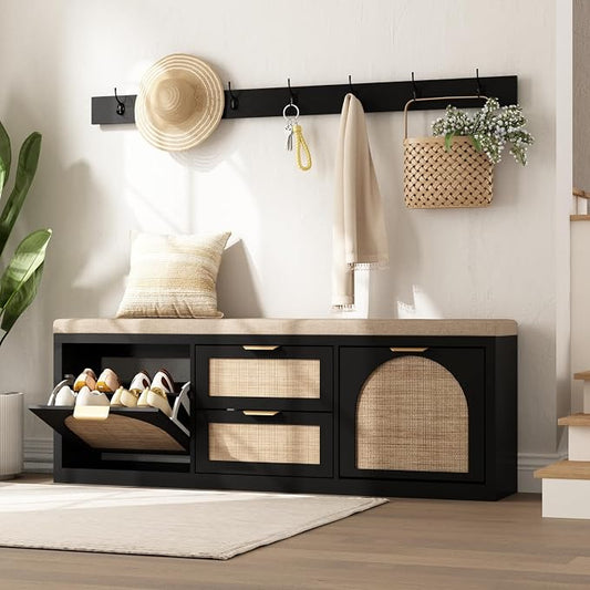 Rattan Narrow Entryway Bench with Shoe Storage, 4 Drawers & Coat Rack, Mid-Century Modern Wood Shoe Cabinet with Seat Cushion for Foyer/Hallway (Black)
