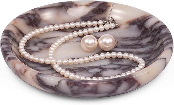 Trinket Marble Jewelry Tray - Stone Ring Key Purse Holder Dish, Small Cute Round Plate Decorative Bowl for Nightstand Entryway Coffee Table Decor (5.5 inch)