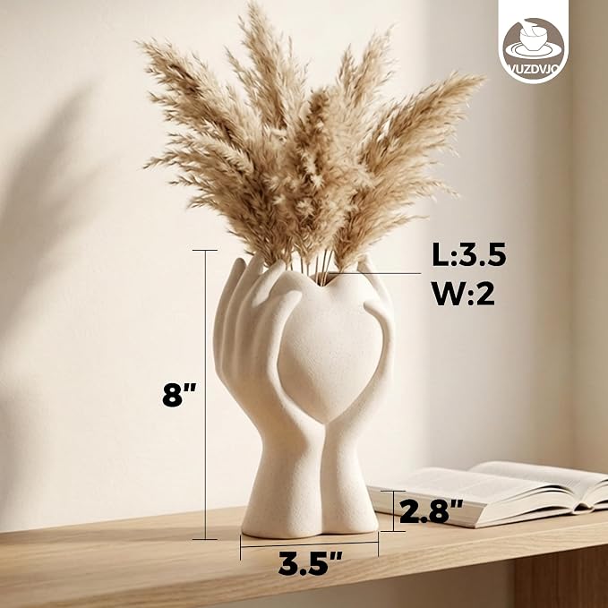 8 Inch Heart Hand White Ceramic Vase - Unique Modern Aesthetic Flowers Vase for Living Room Bedroom Office Kitchen Table Centerpiece or Shelf Decor (Cream White)