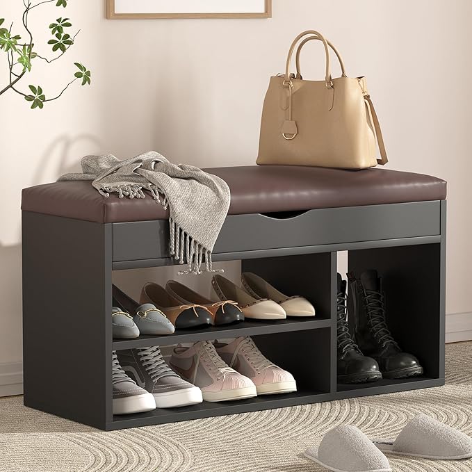 Apicizon Entryway Bench with Shoe Storage, Black, 2-Tier Shoe Rack, Padded Cushion, Wooden Frame