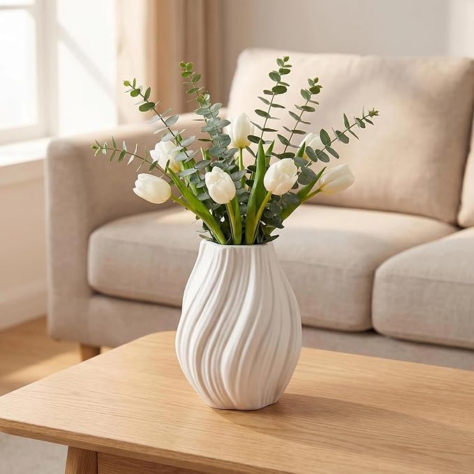 Modern White Ceramic Vase,Nordic Boho Geometric Striped Round Decorative Vase for Living Room,Shelf, Wedding&Dining Table Centerpiece, Farmhouse Home Decor, Office Decoration, Decorative Pottery
