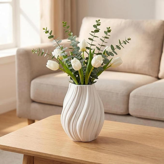 Modern White Ceramic Vase,Nordic Boho Geometric Striped Round Decorative Vase for Living Room,Shelf, Wedding&Dining Table Centerpiece, Farmhouse Home Decor, Office Decoration, Decorative Pottery