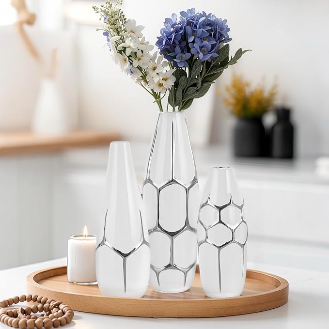 Ceramic Vase Set of 3, Modern Vases for Home Decor, White and Silver for Living Room, Kitchen, Bedroom, Bathroom, Entryway Mantel, Living Room TV Cabinet Decoration