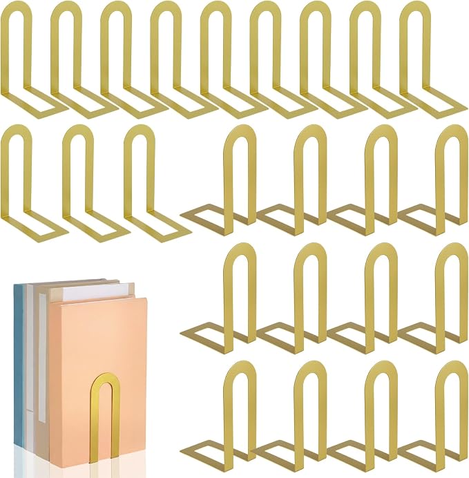Chunful 24 Pcs Gold Modern Metal Book Ends for Shelves Decorative Small Bookends Book Shelf Organizer Minimalist Design Stopper to Hold Books for Back to School Home Office(5.5 * 3.75 * 2.25 Inch)