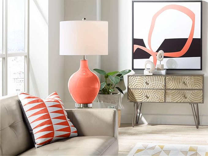 Color + Plus Modern Table Lamp 28.5" Tall Daring Orange Glass OVO White Linen Drum Shade for Living Room Family Bedroom Bedside Nightstand