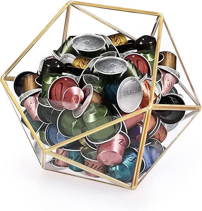 ELLDOO Gold Glass Coffee Pods Holder, 15 Sided Geometric Box Coffee Pod Organizer for K Cup Espresso, Tea Bags Sugar Packets Coffee Capsule Storage Holder for Kitchen Coffee Bar Office Desktop Counter