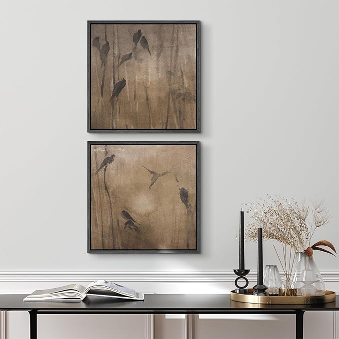SIGNFORD Framed Canvas Print Wall Art Set Minimalist Bird Silhouette Neutral Brown Abstract Nature Modern Art Relax/Calm for Living Room, Bedroom, Office - 16"x16"x2 BLACK