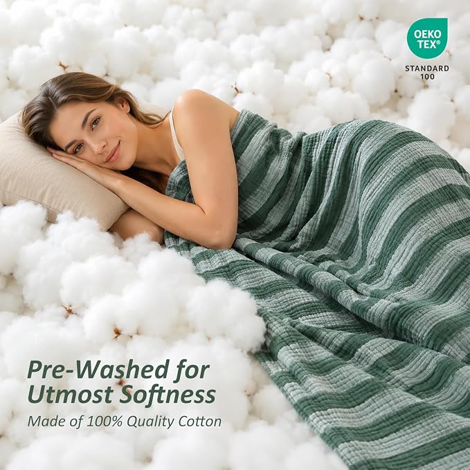 EMME Cotton Muslin Twin XL Blanket Breathable Gauze Soft Lightweight Adults Gifts for Women (Striped Forest Green, 66"x90")