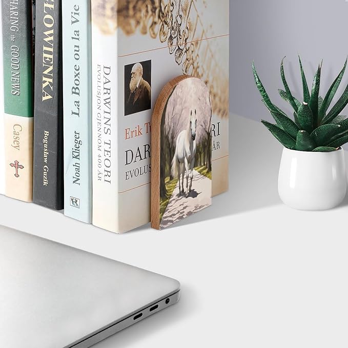 White Horse Cute Cherry Book Ends Decorative Wood Bookends for Shelves Kids Room Desk Home Office Book Stoppers for Magazines,Books, DVDs, 1 Pair/2 Pieces(5x3.1 in)