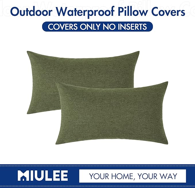 MIULEE Pack of 2 Decorative Outdoor Solid Waterproof Throw Pillow Covers Faux Linen Garden Farmhouse Cushion Cases for Patio Tent Balcony Couch Sofa 20x12 Inch Dark Green